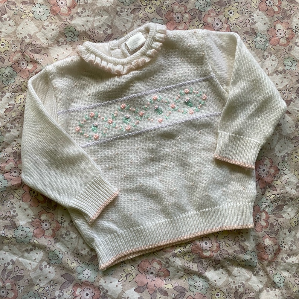 Vintage Floral Embroidered Cream Baby Sweater